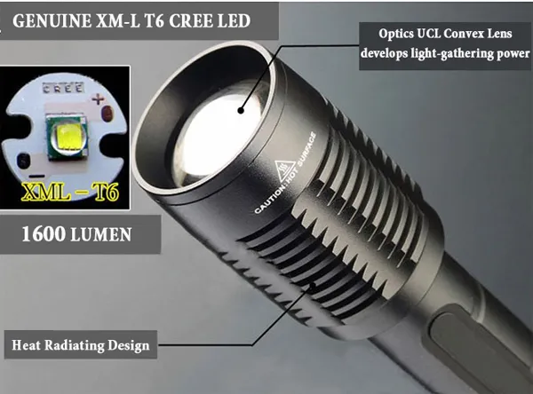 1600 Lumen UltraFire CREE XM-L T6 5 Modes ZOOM Led torch light